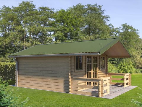 Een tuinhuisje met groene golfplaten onder een heldere hemel biedt duurzame bescherming en een esthetische dakoplossing