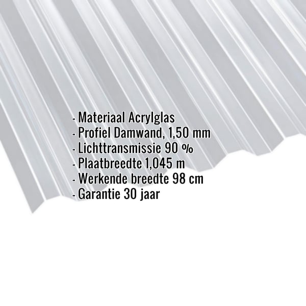 Acrylaat damwandplaat | 76/18 | 1,50 mm | Helder | 2,50 m