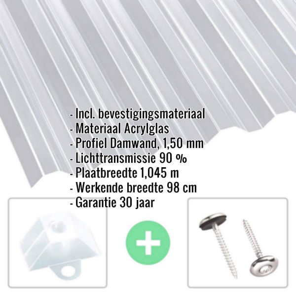 Acrylglas golfplaat 76/18, 1,50 mm, helder, met ingebouwde gegevens en bevestigingsmateriaal