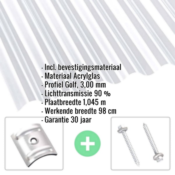 Acrylglas golfplaat 76/18, 3,00 mm, helder, met productgegevens en bevestigingsmateriaal