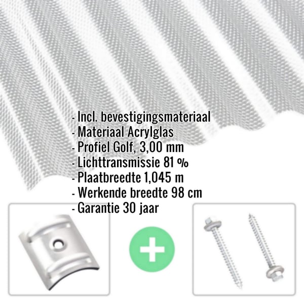 Acrylglas golfplaat 76/18, 3,00 mm, helder, met ingebedde gegevens en bevestigingsmateriaal