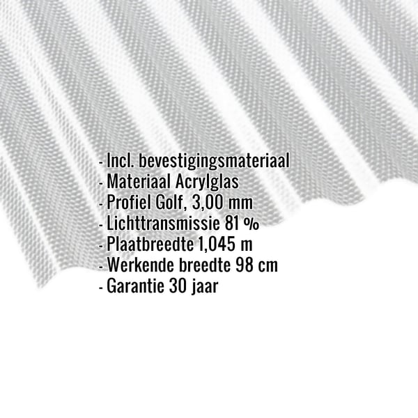 Acrylglas golfplaat 76/18, 3,00 mm, helder, met ingebedde productdetails zoals materiaal en garantie