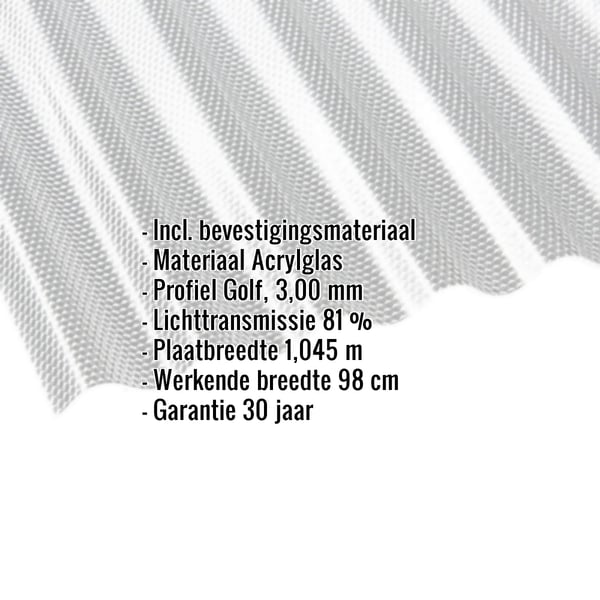 Acrylglas golfplaat 76/18, 3,00 mm, helder, met ingebouwde gegevens over materiaal en afmetingen