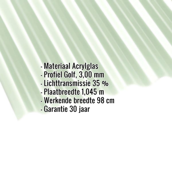 Acrylglas golfplaat 76/18, opaal wit, met ingebedde productgegevens over materiaal, profiel en garantie