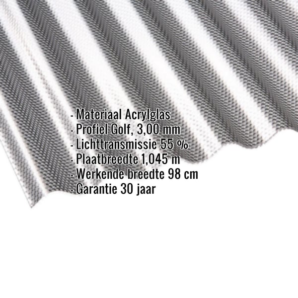 Acrylglas golfplaat 76/18, grafiet, met ingebedde productgegevens zoals materiaal, profiel en lichttransmissie