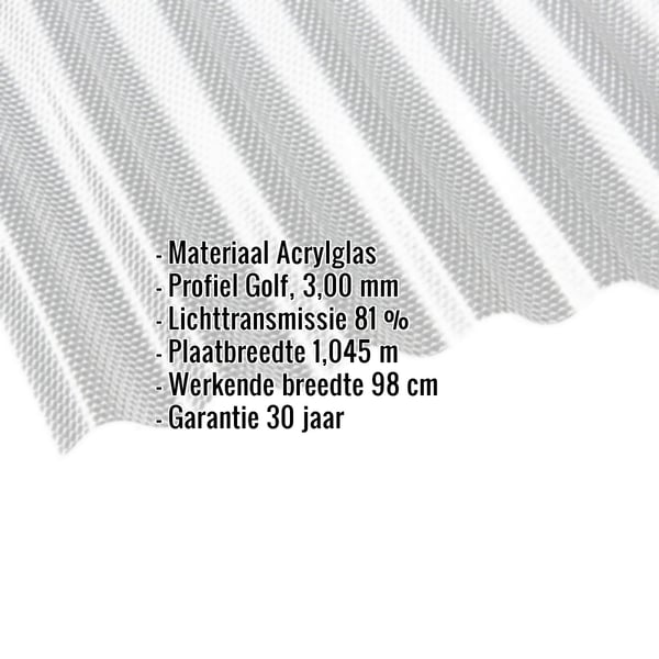 Acrylglas golfplaat 76/18, 3,00 mm, transparant, met ingebouwde gegevens over materiaal en afmetingen