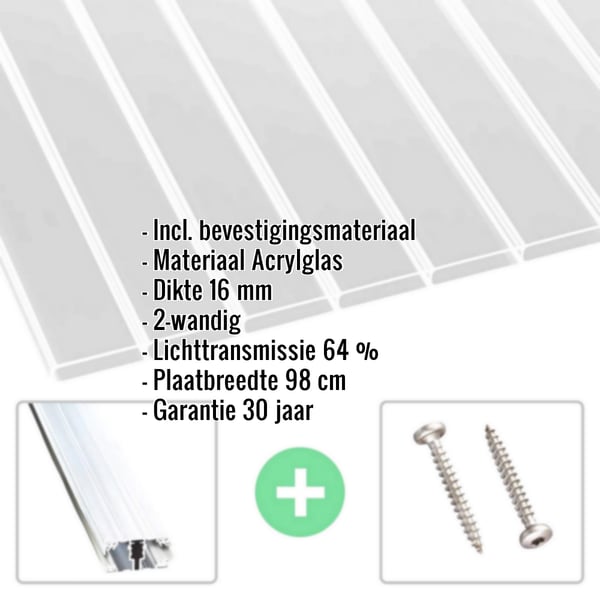 Acrylglas kanaalplaat 16 mm, helder, met ingebedde specificaties en accessoires