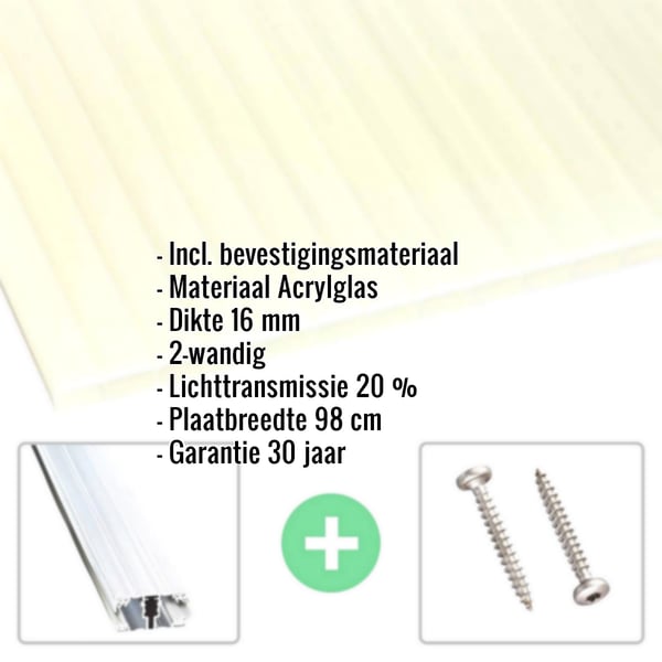 Acrylaat kanaalplaat | 16 mm | Profiel A1 | Voordeelpakket | Plaatbreedte 98 cm | Opaal wit / goud | Breedte 9,13 m | Lengte 2,00 m