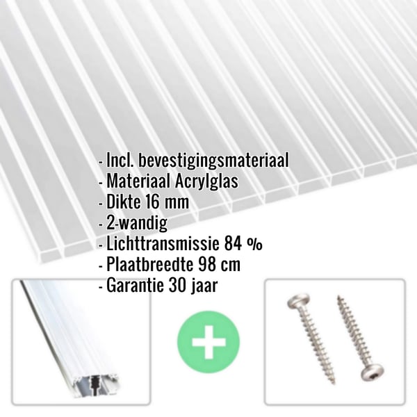 Acrylglas kanaalplaat 16 mm, helder, met weergegeven productgegevens en bevestigingsmateriaal