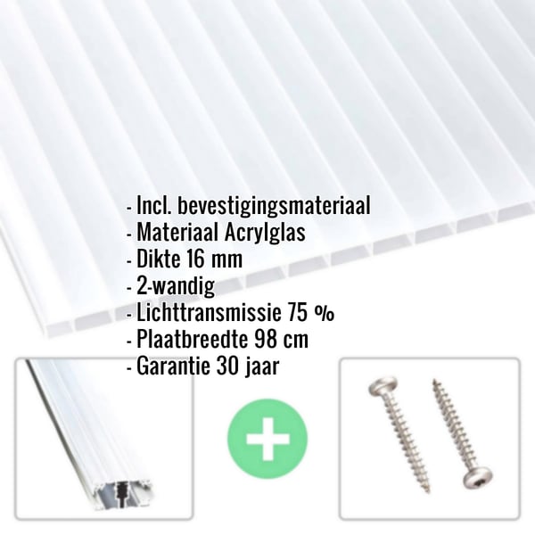 Acrylaat kanaalplaat | 16 mm | Profiel A1 | Voordeelpakket | Plaatbreedte 98 cm | Opaal wit | Breedte 4,09 m | Lengte 2,00 m