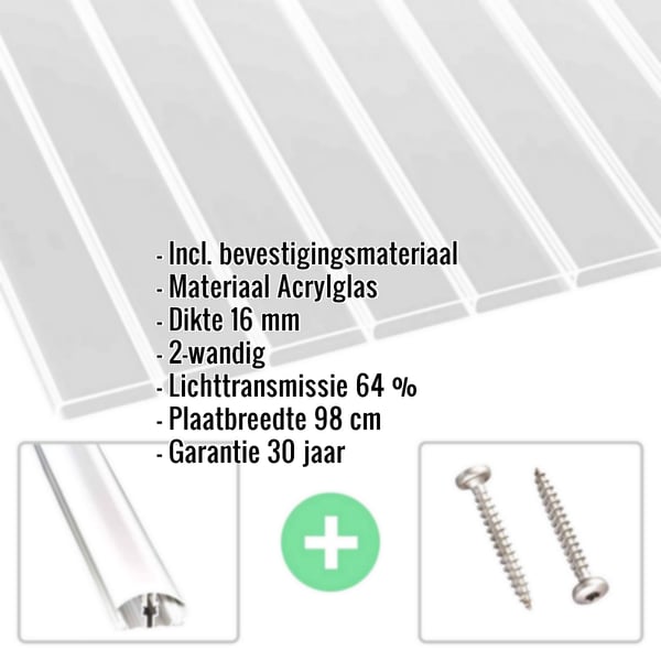 Acrylglas kanaalplaat 16 mm, profiel A4, transparant, met ingebedde specificaties en accessoires