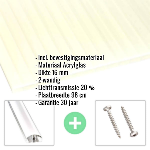 Acrylglas kanaalplaat 16 mm Goud-opaal, met ingebedde specificaties en accessoires