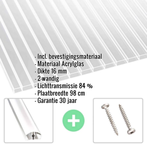 Acrylglas kanaalplaat 16 mm, helder, met ingebouwde gegevens en accessoires zoals schroeven en profiel