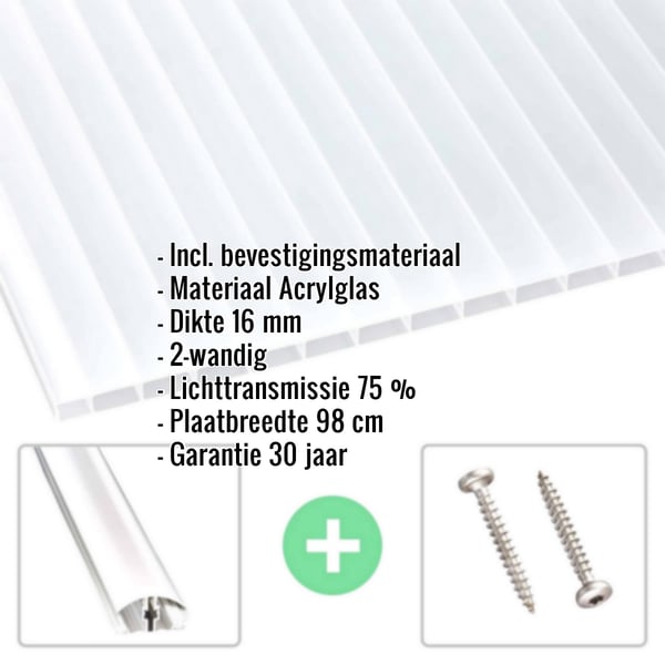 Acrylglas kanaalplaat 16mm opaal wit met productdetails en accessoires