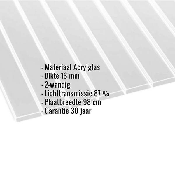 Acrylglas kanaalplaat 16 mm, helder, met ingebouwde productgegevens
