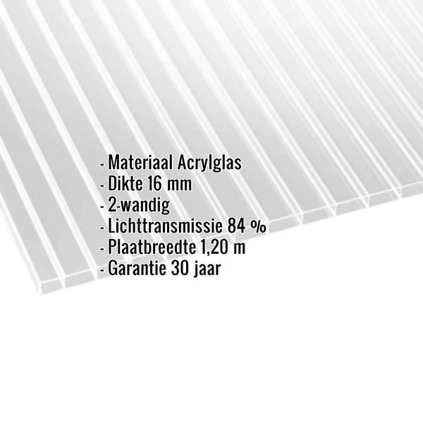 Acrylglas kanaalplaat 16 mm, helder, met ingebouwde gegevens zoals materiaal, dikte en lichttransmissie