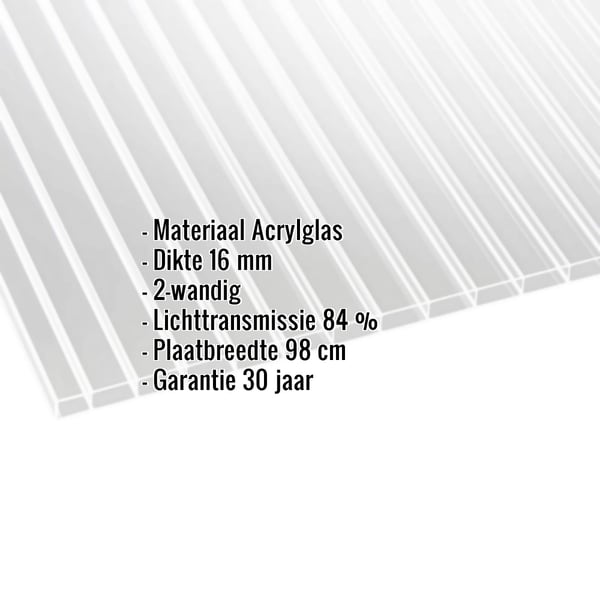 Acrylglas kanaalplaat 16 mm, helder, met ingebouwde productgegevens zoals materiaal, dikte en lichtdoorlatendheid
