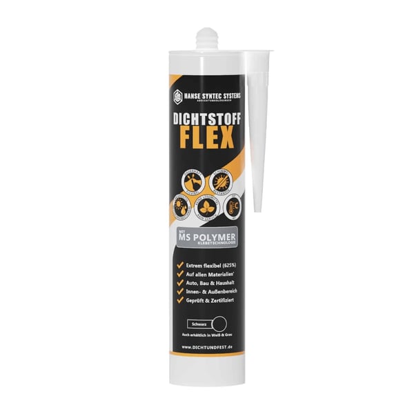 Afdichtingskit FLEX wit, koker met zwart etiket en witte productkenmerken, infografiek