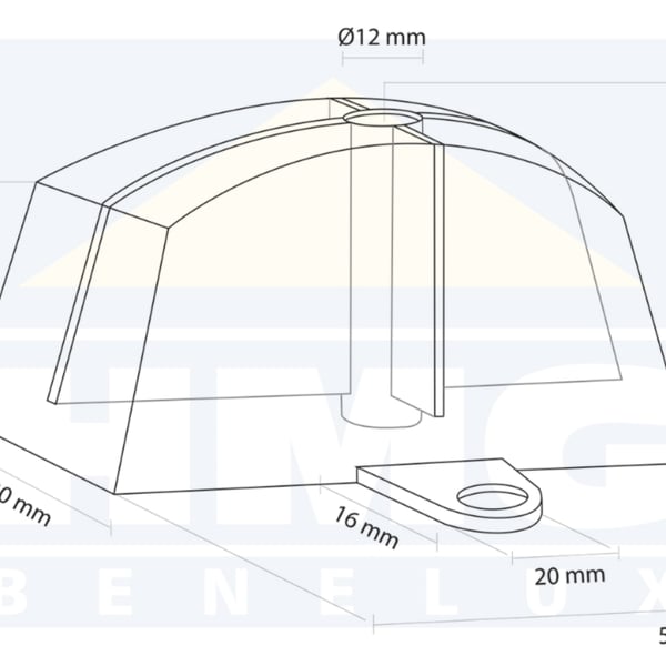 Technische tekening van de afstandhouder met afmetingen en HMG Benelux logo