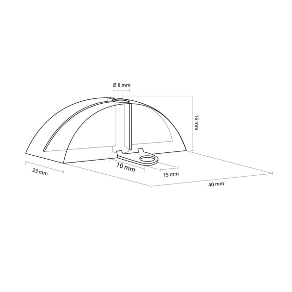 Technische tekening van de afstandhouder met afmetingen: 40 mm, 23 mm, 16 mm, 15 mm, 10 mm, Ø 8 mm