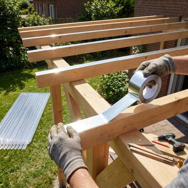 Aluminium tape wordt op houten onderconstructie aangebracht, handen met handschoenen