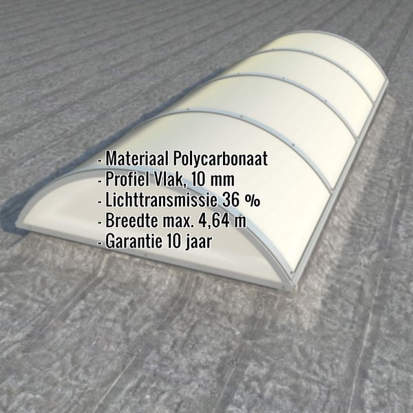 Alumon lichtkoepel van polycarbonaat, opaal wit, 10 mm dikte, met ingebedde productgegevens