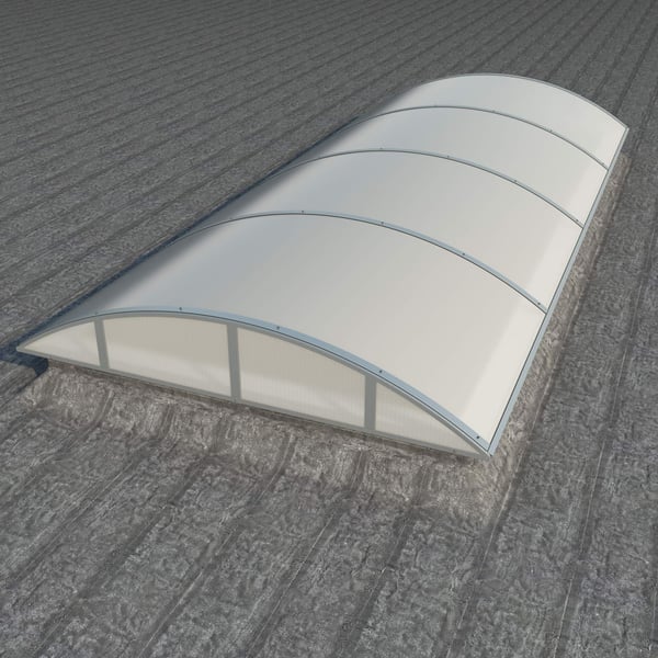 Alumon polycarbonaat lichtplaat opaal wit 10 mm, gebogen, op grijze dakbedekking