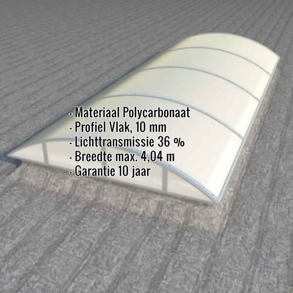 Gebogen polycarbonaat lichtstraat in opaal wit, 10 mm dikte, met ingebedde productgegevens