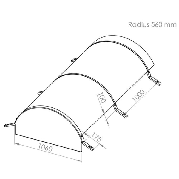 Technische tekening van de polycarbonaat lichtstraat met radius 560 mm en afmetingen 1060x1000 mm