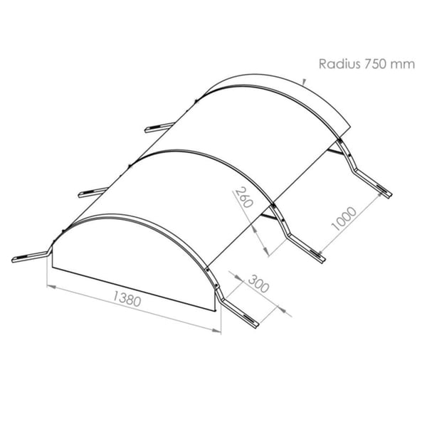 Technische tekening van de gebogen lichtplaat PET met afmetingen: breedte 1380 mm, radius 750 mm