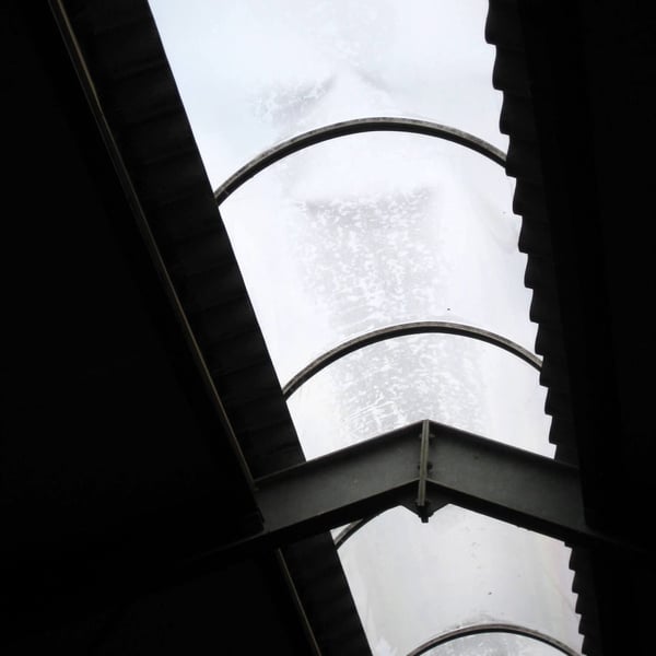 Zicht van onderaf op de gebogen Atlas lichtplaat PET 1,20 mm helder, gemonteerd in een dakconstructie