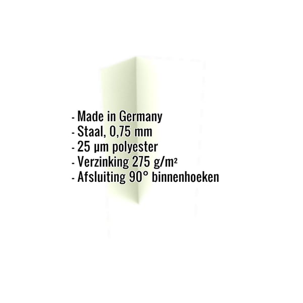 Binnenhoek van staal, 0,75 mm, Grijswit (RAL 9002), met ingebedde productgegevens