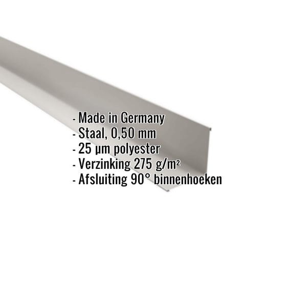 Binnenhoek van staal, lichtgrijs RAL 7035, 0,50 mm dik, met ingebedde productgegevens