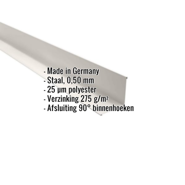 Binnenhoek van staal, zuiverwit RAL 9010, met ingebedde productgegevens en herkomst Made in Germany