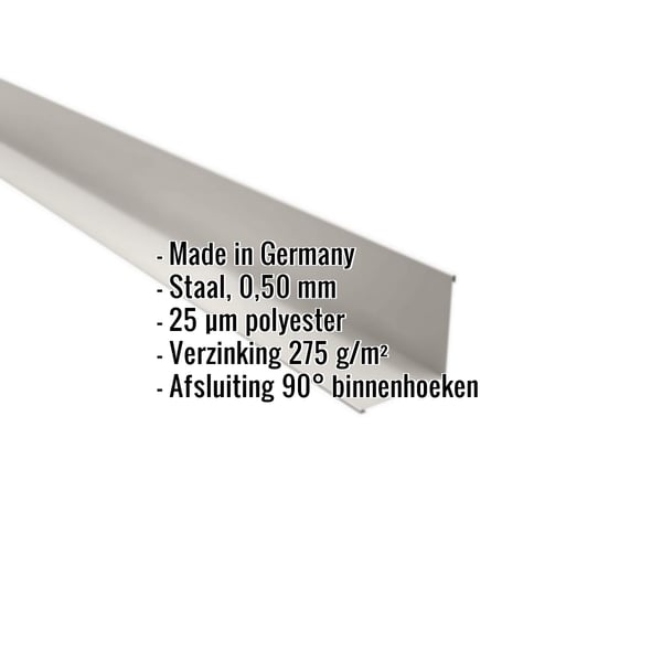 Binnenhoek van staal, Grijswit (RAL 9002), 0,50 mm, met 25 µm polyestercoating, productgegevens getoond