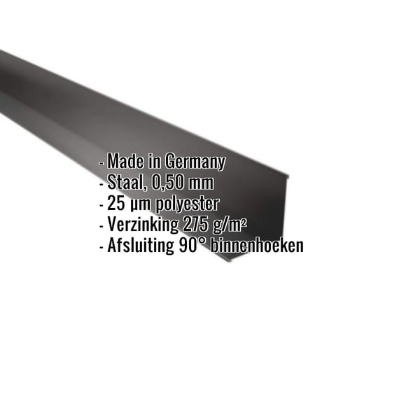 Binnenhoek Gitzwart RAL 9005, 0,50 mm staal, met ingebedde productdetails als infografiek