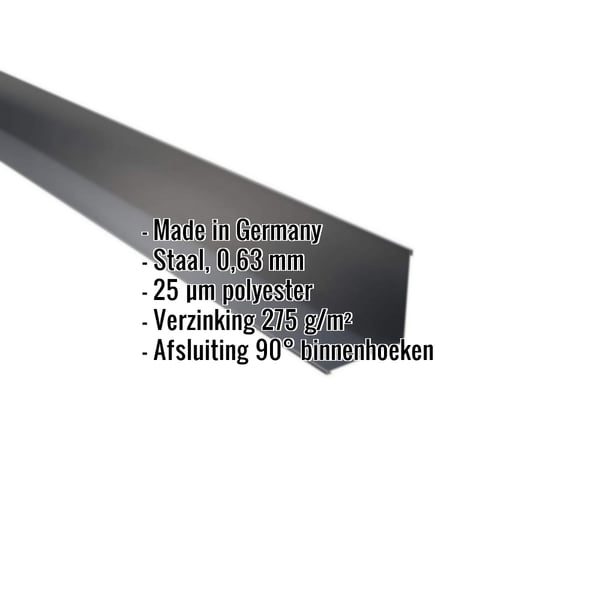 Binnenhoek van staal, Antracietgrijs RAL 7016, 0,63 mm dikte, met ingebedde productgegevens