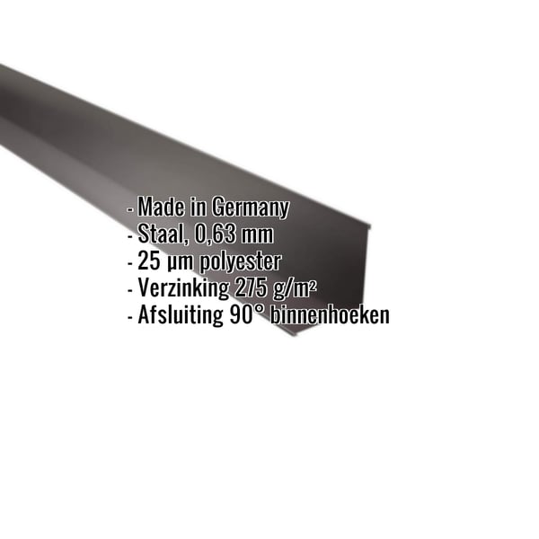 Binnenhoek staal 0,63 mm, RAL 8017 chocoladebruin, met ingebedde productgegevens