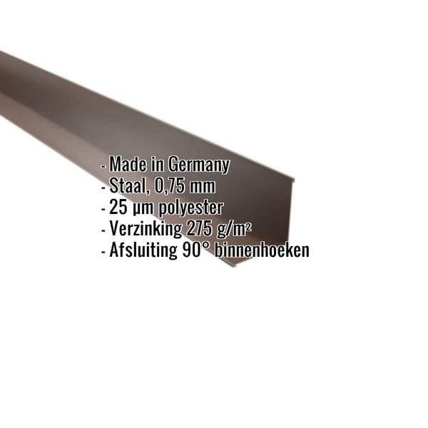 Binnenhoek Notenbruin RAL 8011 staal 0,75 mm met 25 µm polyestercoating, specificaties weergegeven