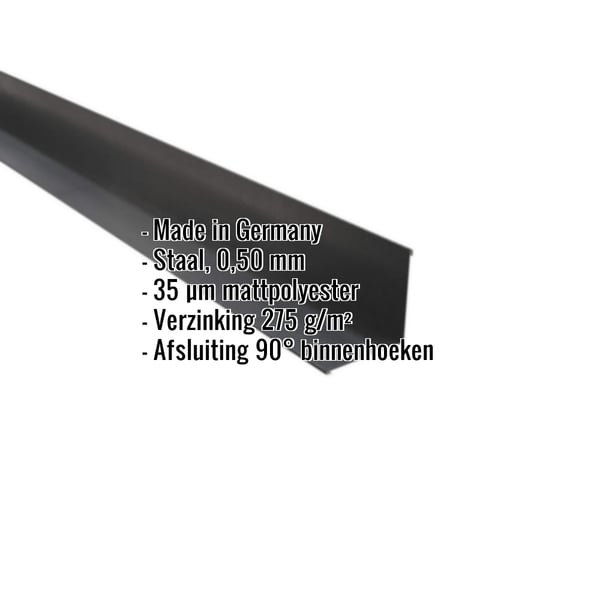 Binnenhoek donkergrijs, 0,50 mm staal, matpolyester coating, met ingebouwde specificaties