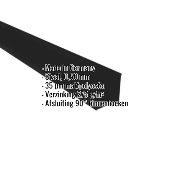Binnenhoek staal 0,50 mm Zwart matpolyester met ingebedde productdetails en herkomst Made in Germany