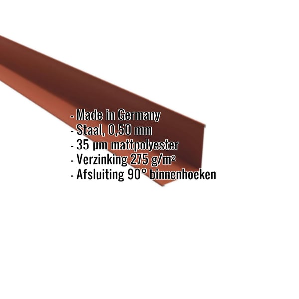 Binnenhoek Terracotta 0,50 mm staal met 35 µm matpolyester coating, specificaties getoond