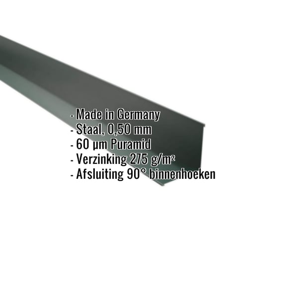 Binnenhoek mosgroen RAL 6005 van staal 0,50 mm met Puramid-coating, belangrijke gegevens getoond