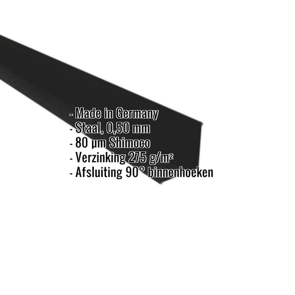 Binnenhoek Gitzwart RAL 9005 van staal, 0,50 mm, met 80 µm Shimoco coating, gegevens getoond