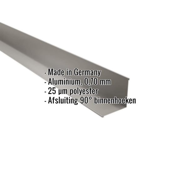 Binnenhoek van grijs aluminium, 0,70 mm, met polyestercoating en ingebedde specificaties