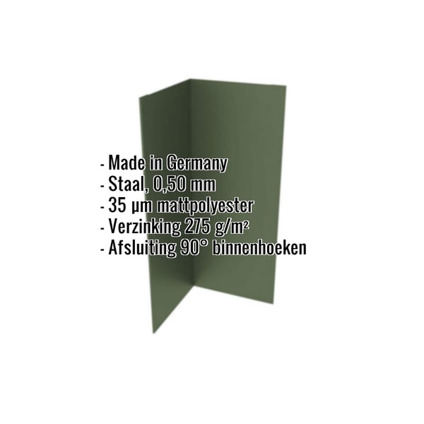 Binnenhoek van staal, matpolyester gecoat, Groen RAL 6020, met ingebedde productgegevens