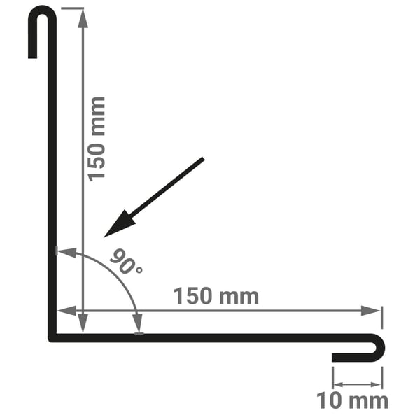 Technische tekening van de binnenhoek met afmetingen 150 mm x 150 mm en 90 graden hoek