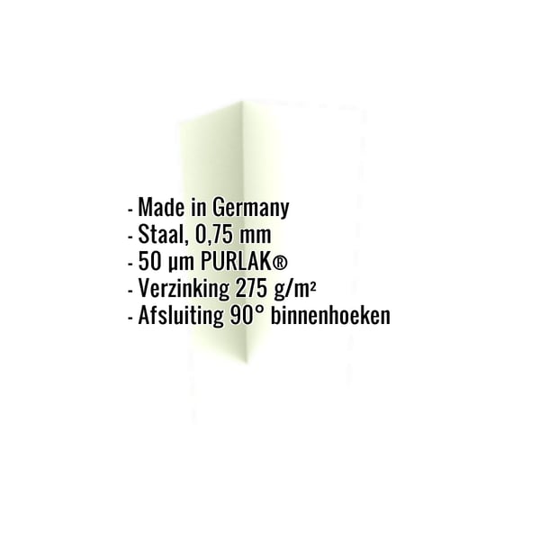 Binnenhoek Grijswit (RAL 9002) 0,75 mm staal met PURLAK® coating, specificaties getoond