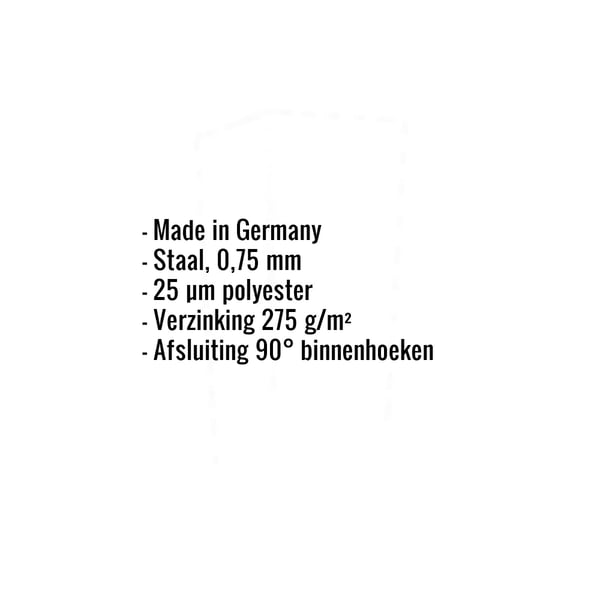 Infographic met specificaties: Made in Germany, staal 0,75 mm, 25 µm polyester, verzinking 275 g/m², afsluiting 90°