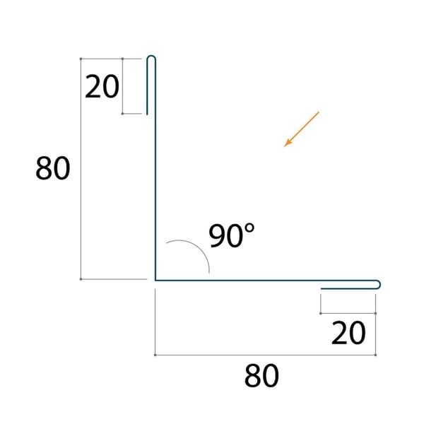 Technische tekening van de binnenhoek met afmetingen 80x80x20 mm en 90 graden hoek